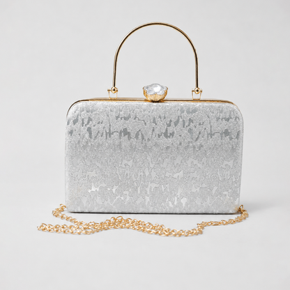 Glitter Silver Clutch with Metal Handle