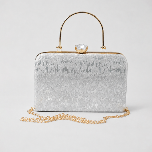 Glitter Silver Clutch with Metal Handle