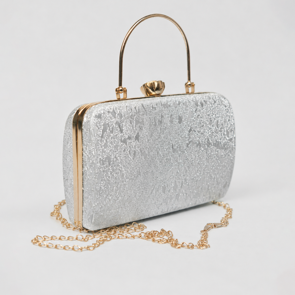 Glitter Silver Clutch with Metal Handle
