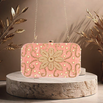 Blush Pink Floral Embellished Evening Clutch