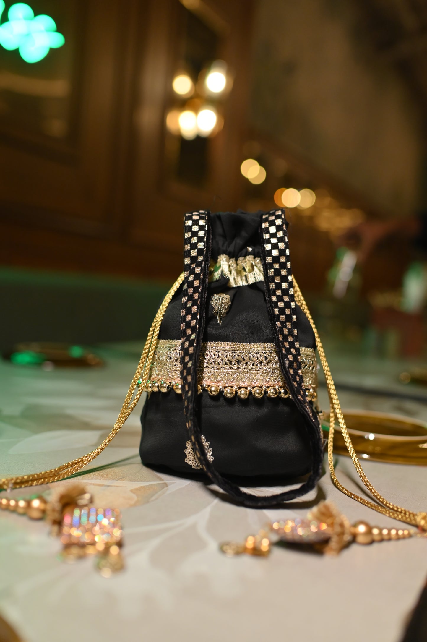Classic Black Potli with Golden Lace