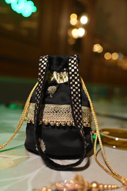 Classic Black Potli with Golden Lace