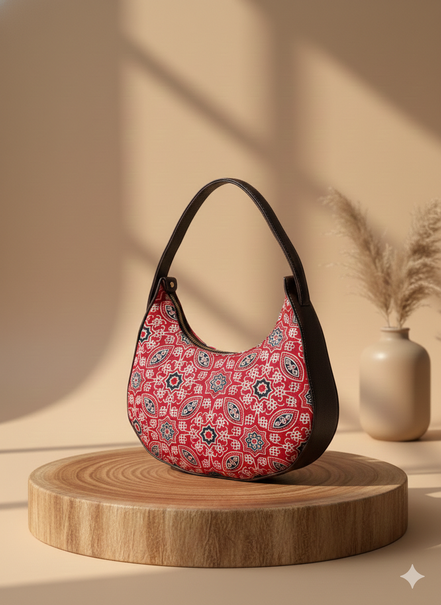 A bold crescent sling that blends heritage prints with modern elegance.