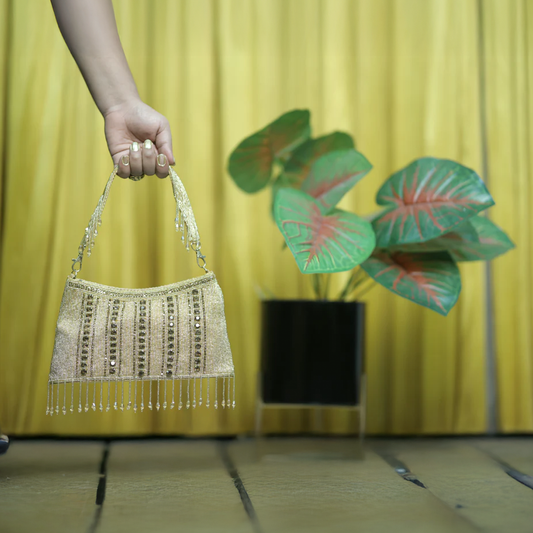 Gold Beaded Evening Bag with Fringe Detailing