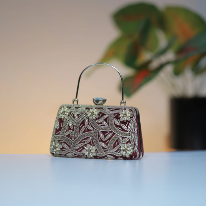 Maroon and Gold Embroidered Evening Handbag