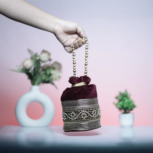 Maroon and Gold Embroidered Evening Potli