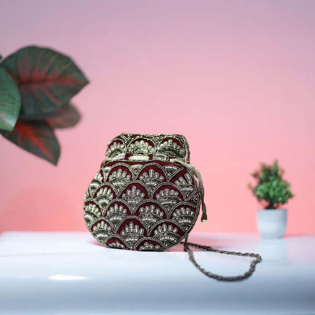 Maroon and Gold Embroidered Evening Potli
