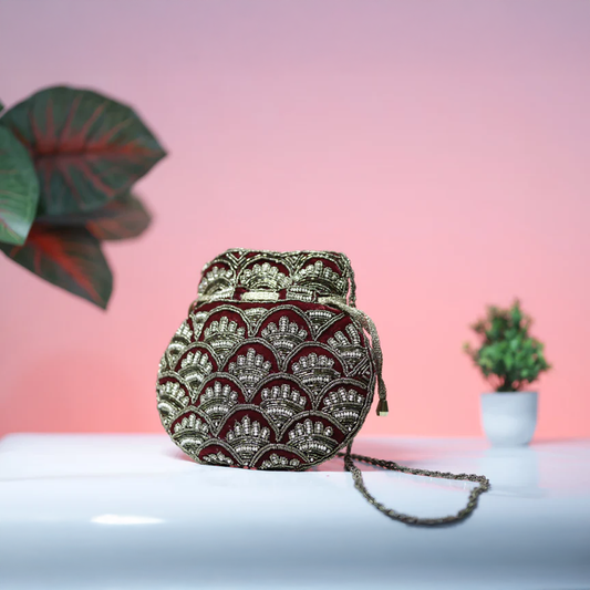Maroon and Gold Embroidered Evening Potli