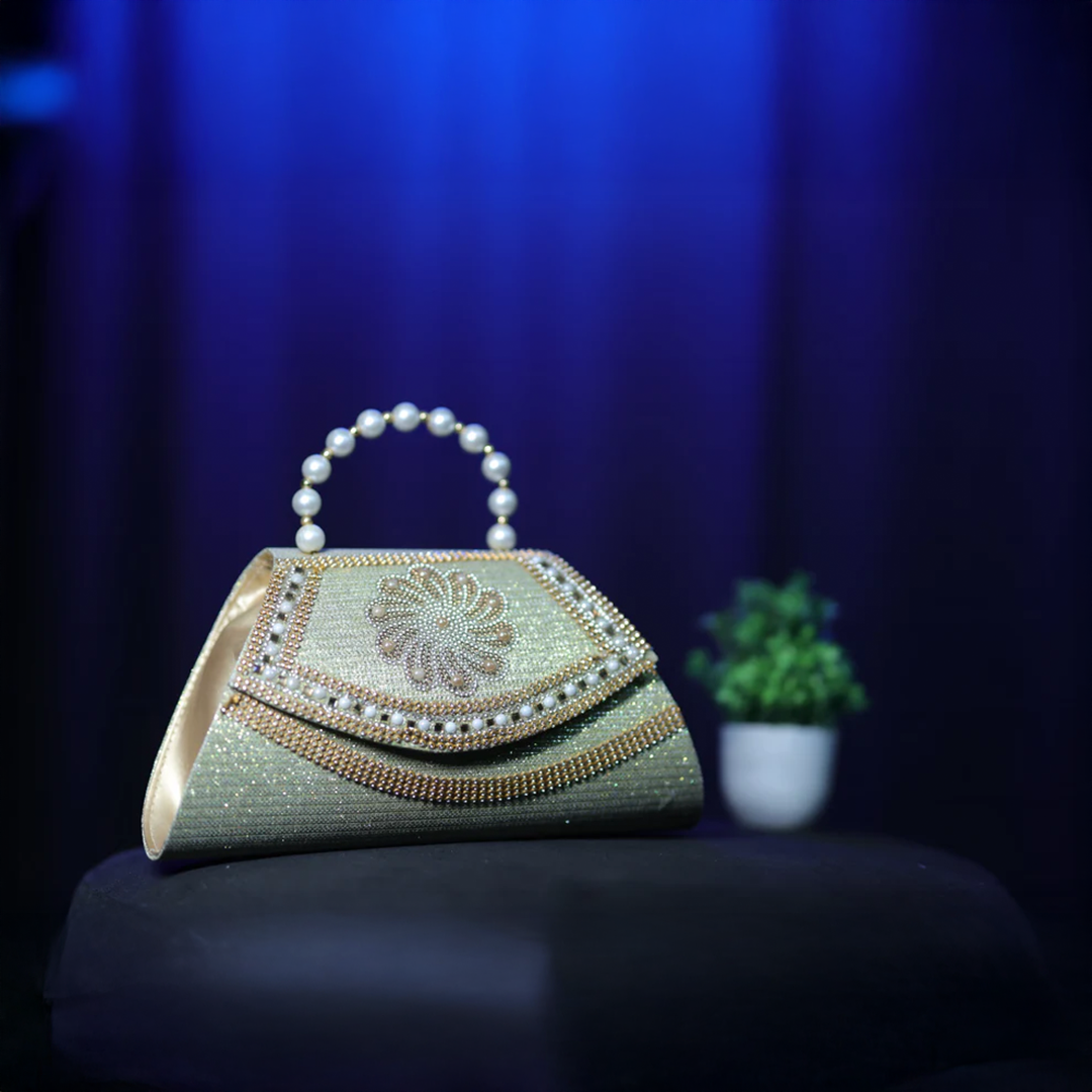 Pearl Handle Embellished Gold Evening Handbag