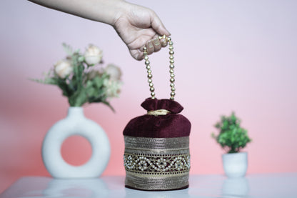 Maroon and Gold Embroidered Evening Potli