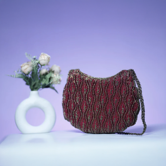 Scarlet Wave Beaded Handbag-pink colour zardozi